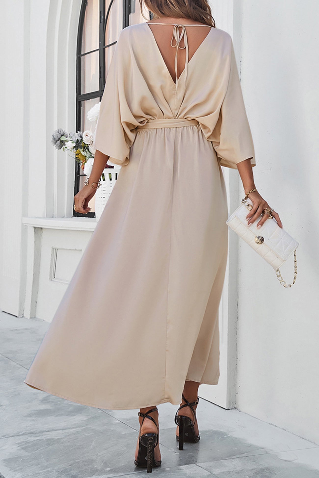 V Neck Tie Waist Slit Dress