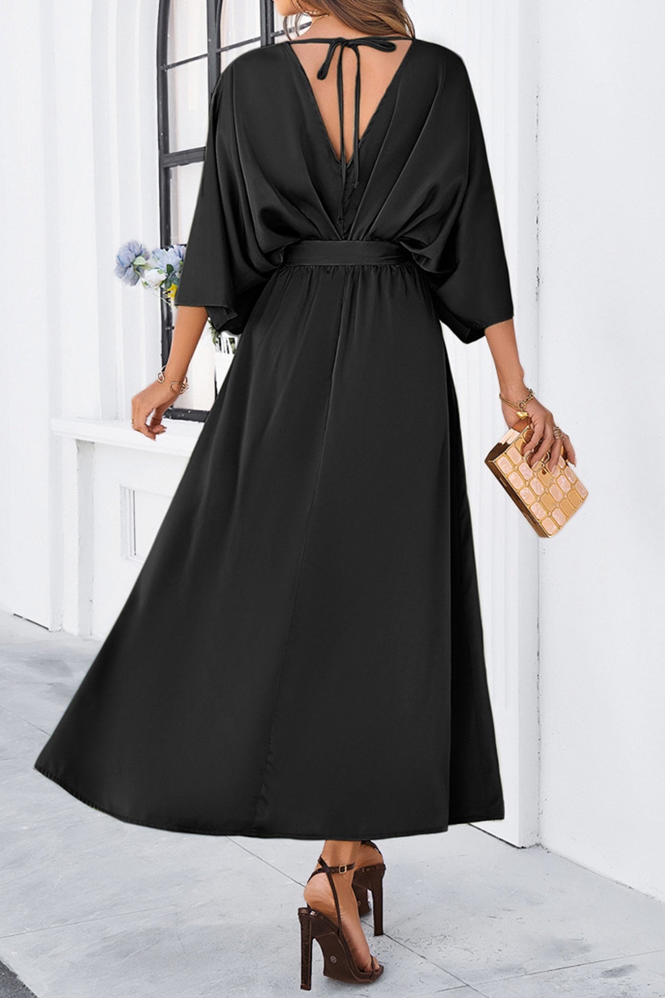 V Neck Tie Waist Slit Dress