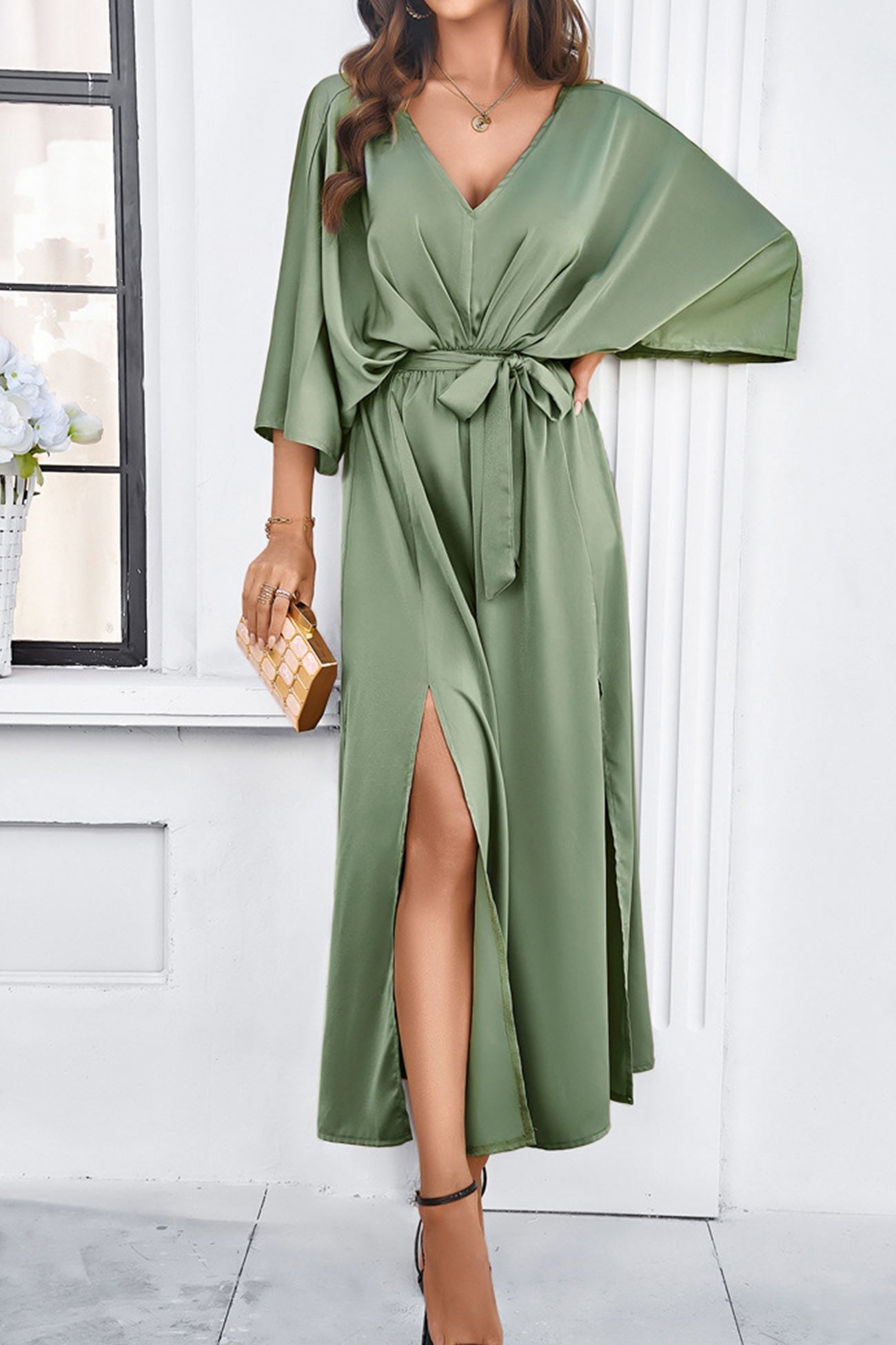 V Neck Tie Waist Slit Dress