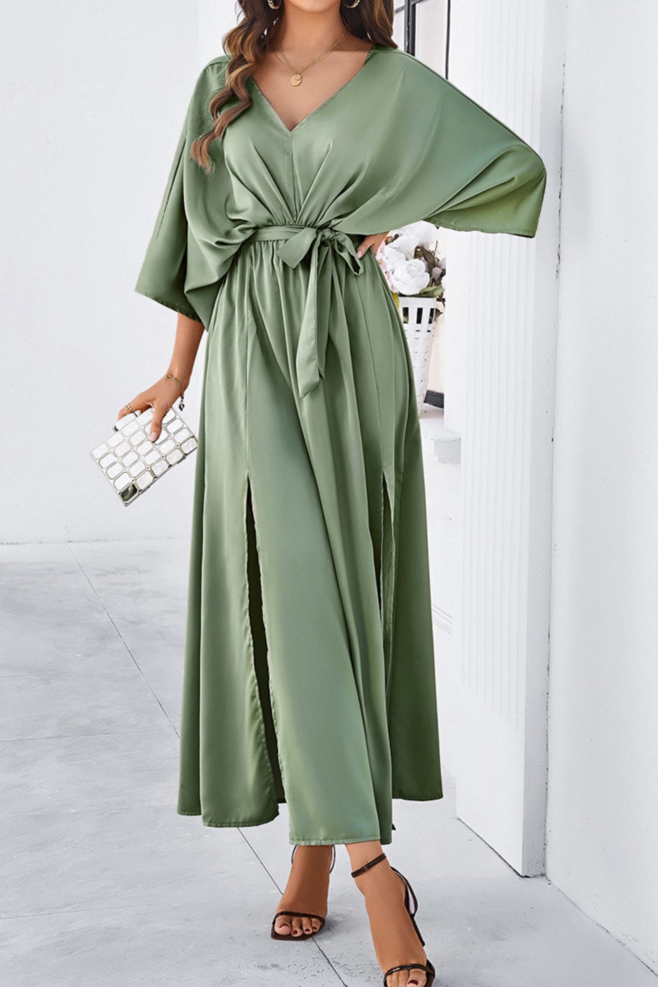 V Neck Tie Waist Slit Dress
