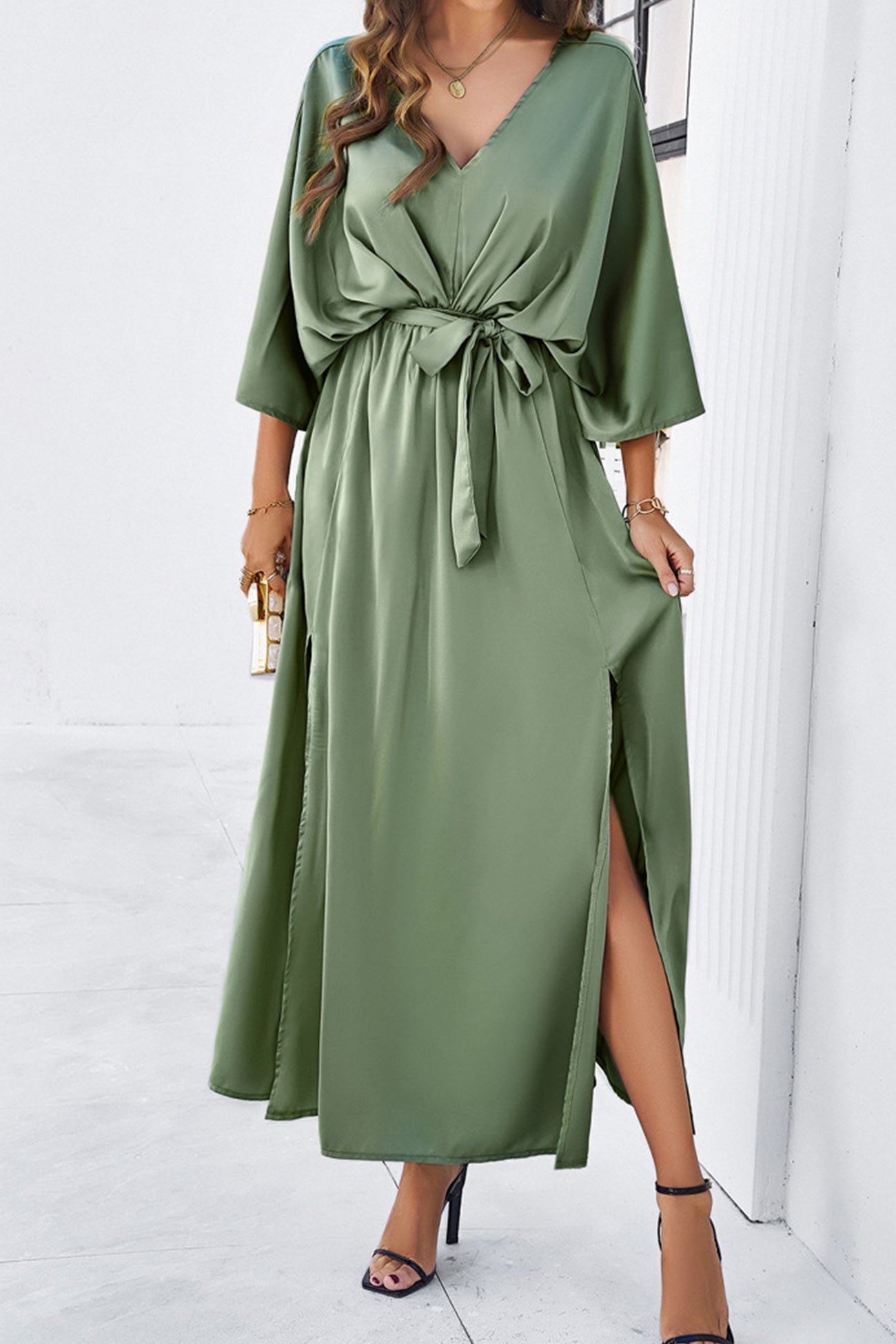 V Neck Tie Waist Slit Dress