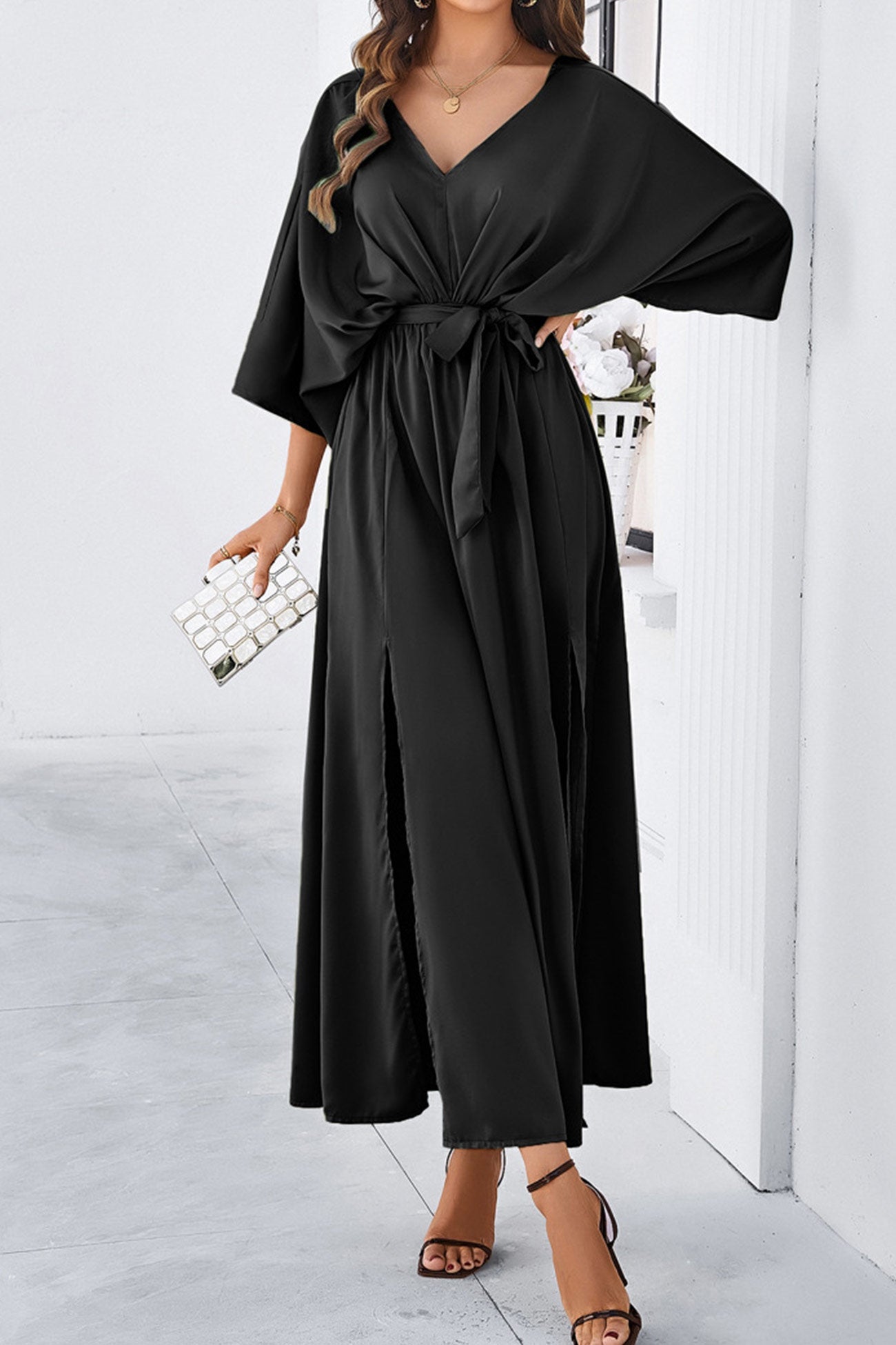 V Neck Tie Waist Slit Dress