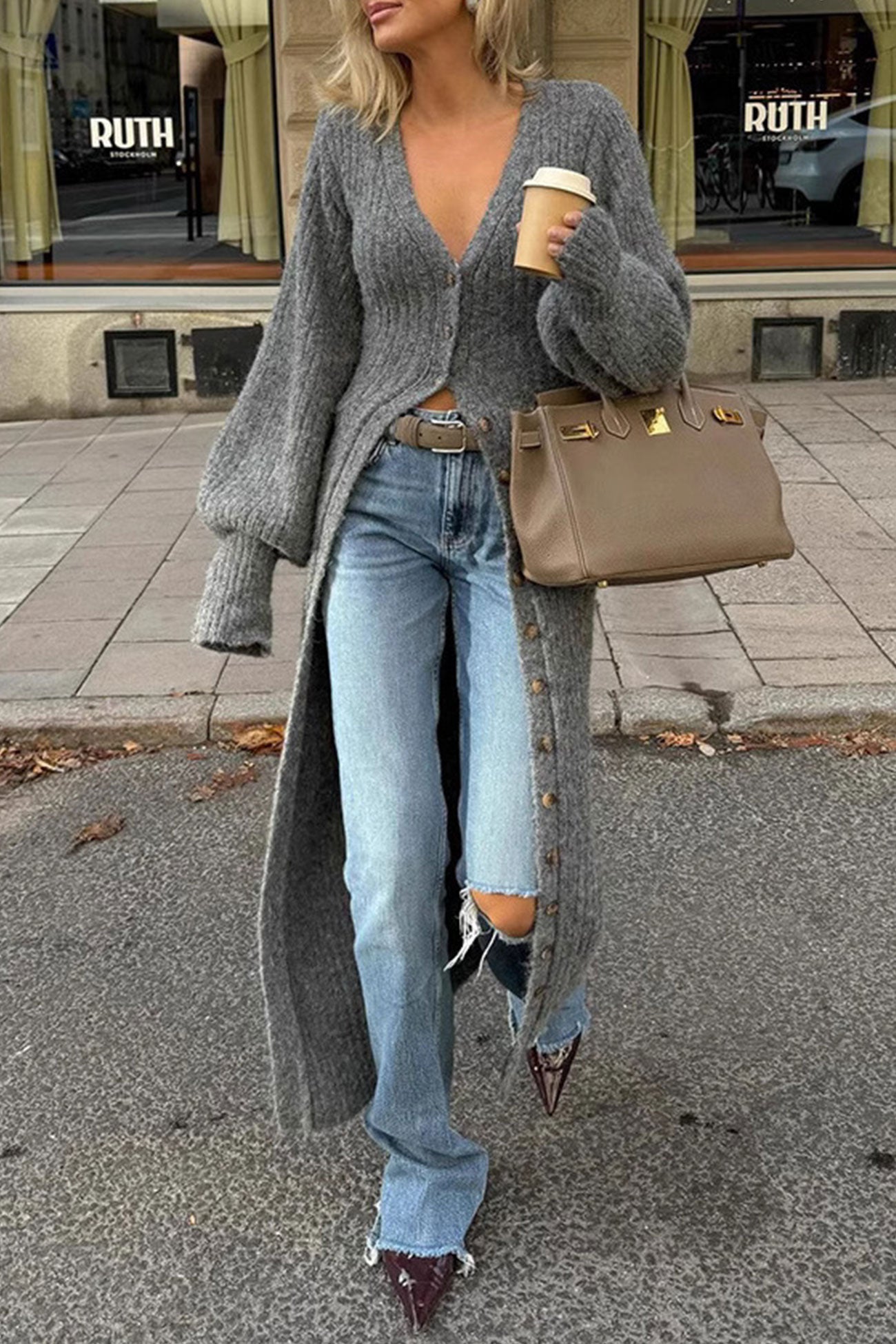 Grey Lantern Sleeve Long Cardigan