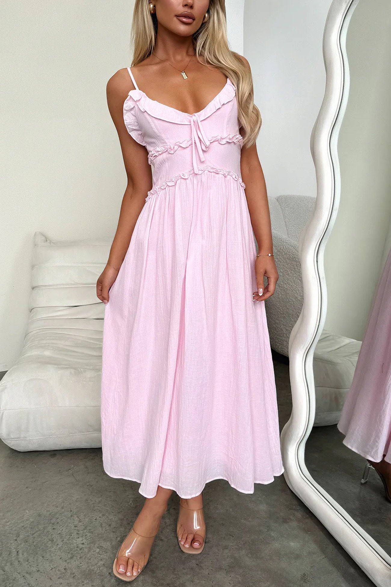 Low Cut Ruffle Cami Mid Dress