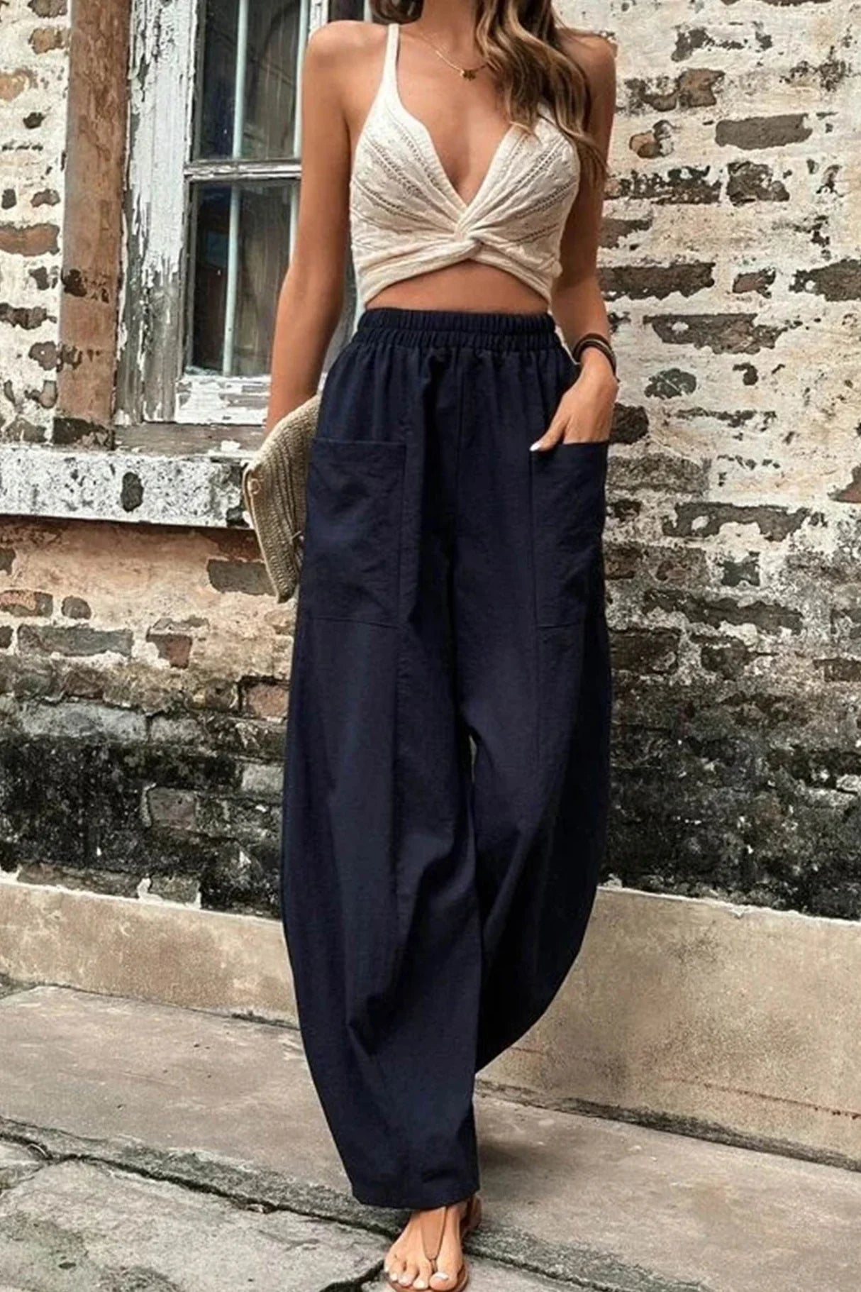 Elastic Waist Pocketed Harem Pants