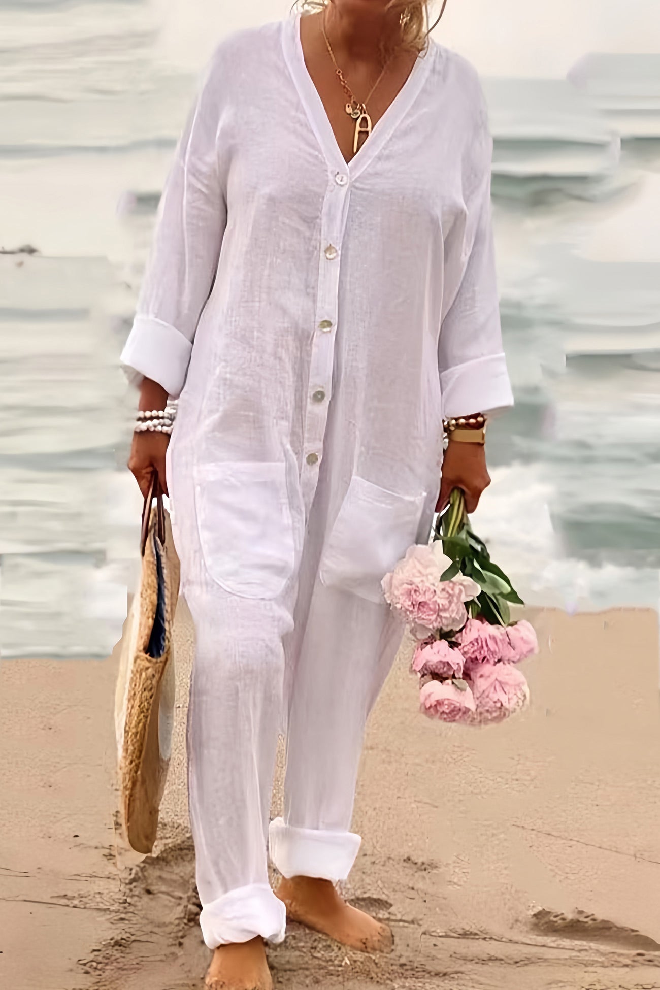 V Neck Button Up Cotton Linen Baggy Jumpsuits