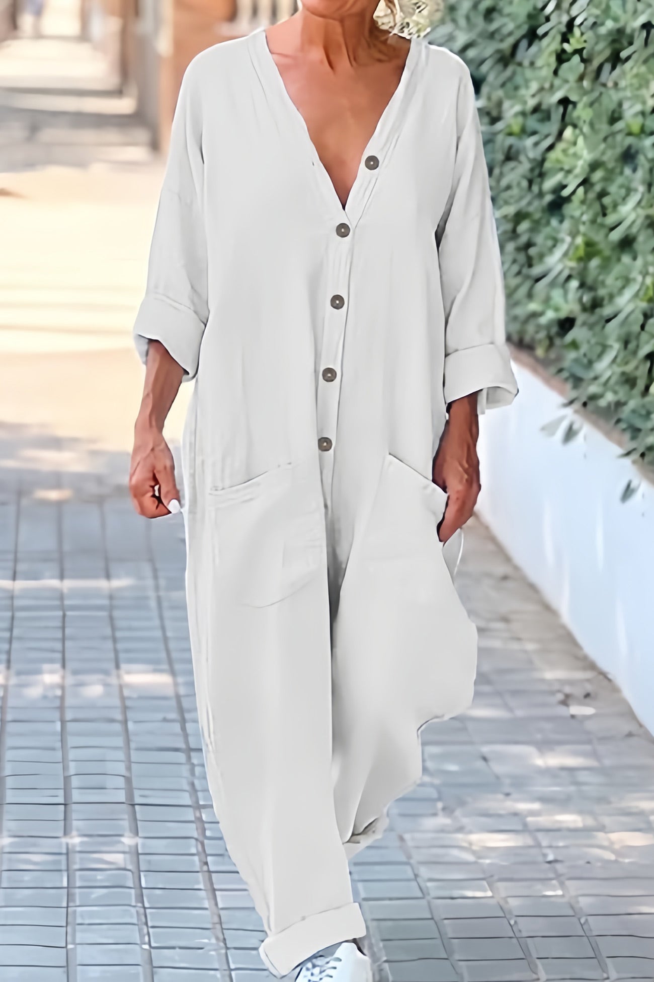 V Neck Button Up Cotton Linen Baggy Jumpsuits