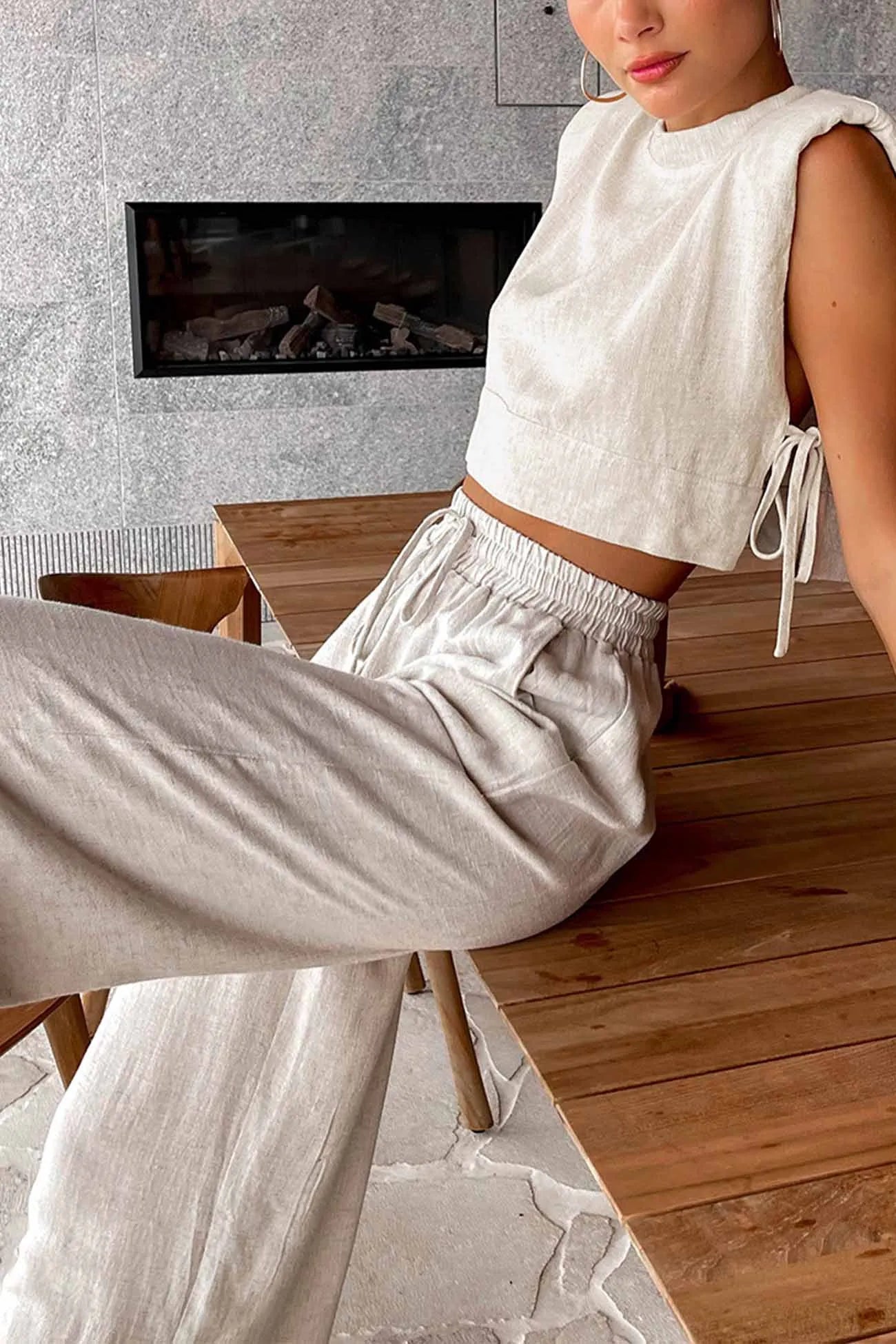 Linen Crop Tops Sleeveless Lace Up Pant Set