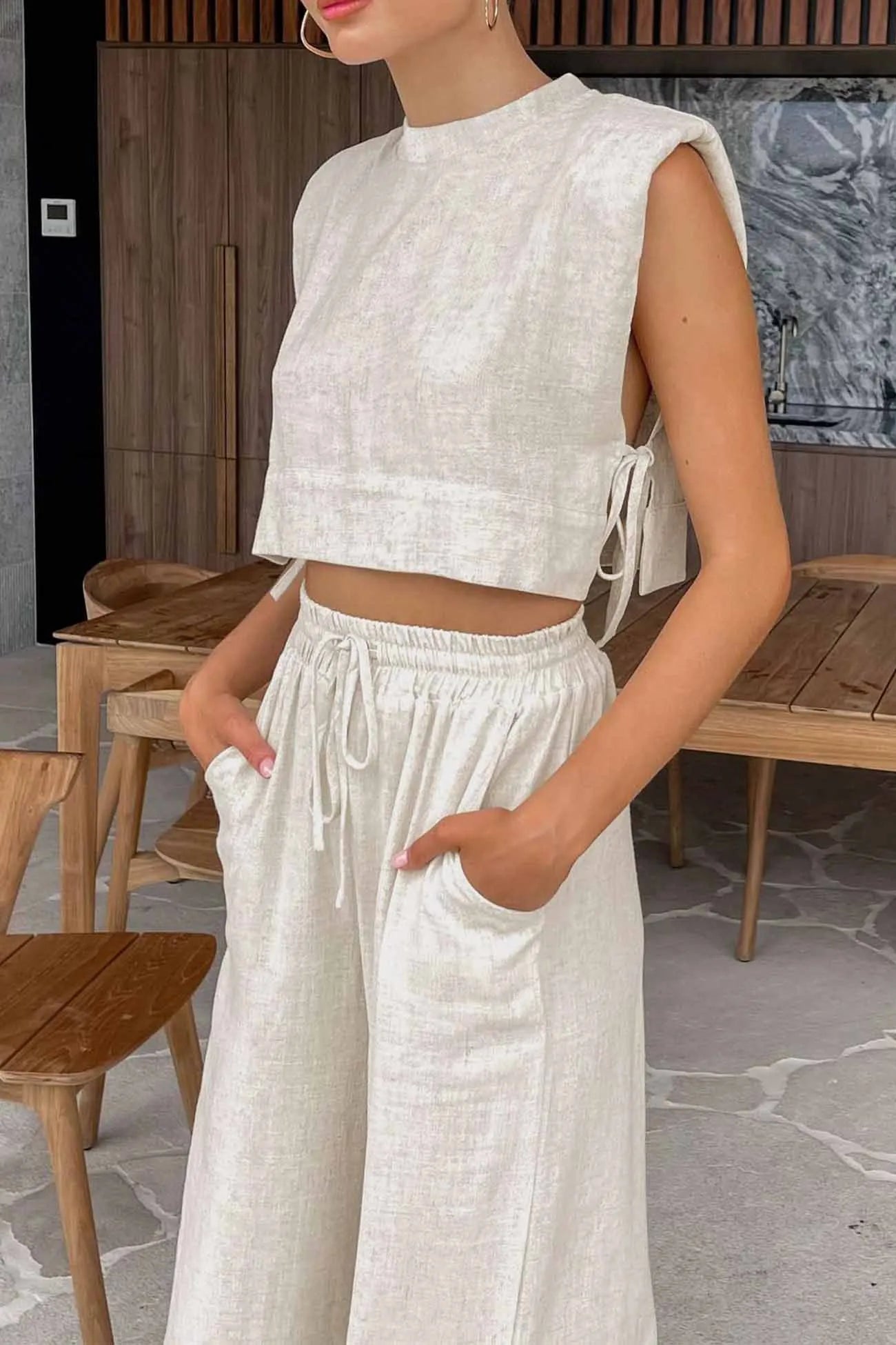Linen Crop Tops Sleeveless Lace Up Pant Set