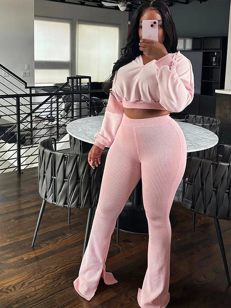 Textured Hooded Top & Flared Pants Set
