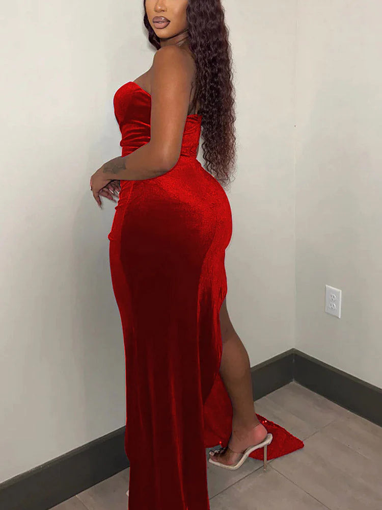 Sequin Velvet Draped Gown Dress