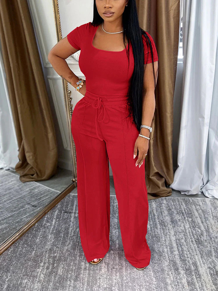 Square Neck Top & Wide Pants Set