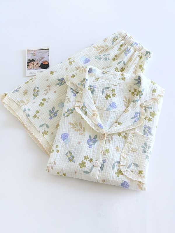 Ossaso Lace Trim Floral Print Cotton Pajama