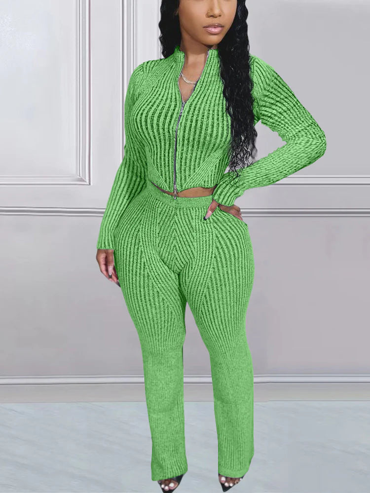 Knit Zipper Crop Top Slim Pants Set