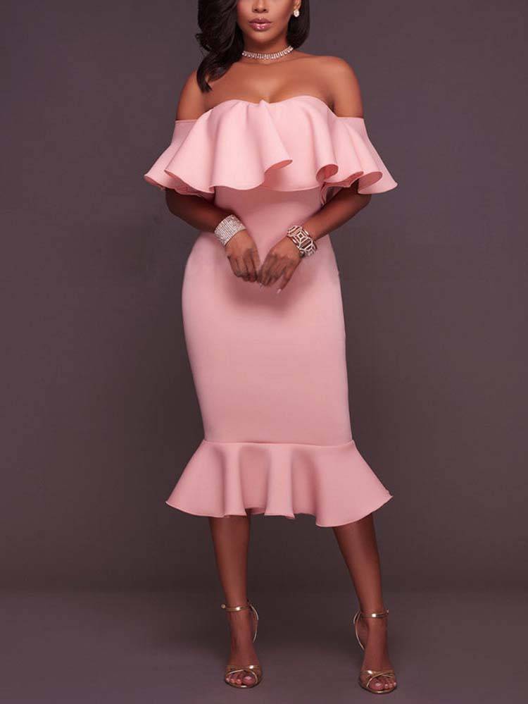 Off Shoulder Ruffle Bodycon Midi Dress