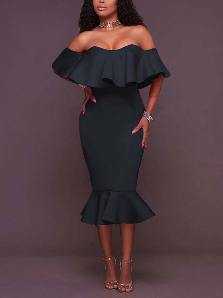 Off Shoulder Ruffle Bodycon Midi Dress