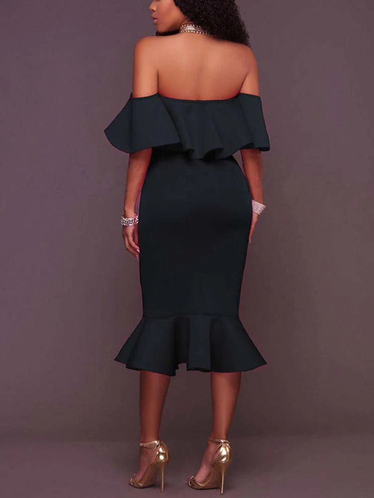 Off Shoulder Ruffle Bodycon Midi Dress