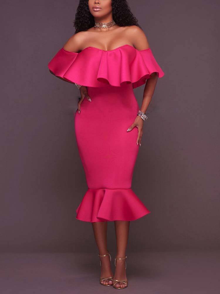 Off Shoulder Ruffle Bodycon Midi Dress