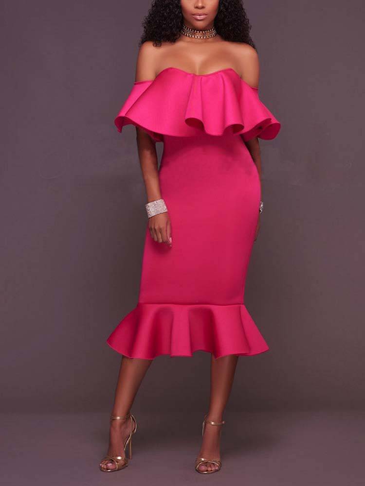Off Shoulder Ruffle Bodycon Midi Dress