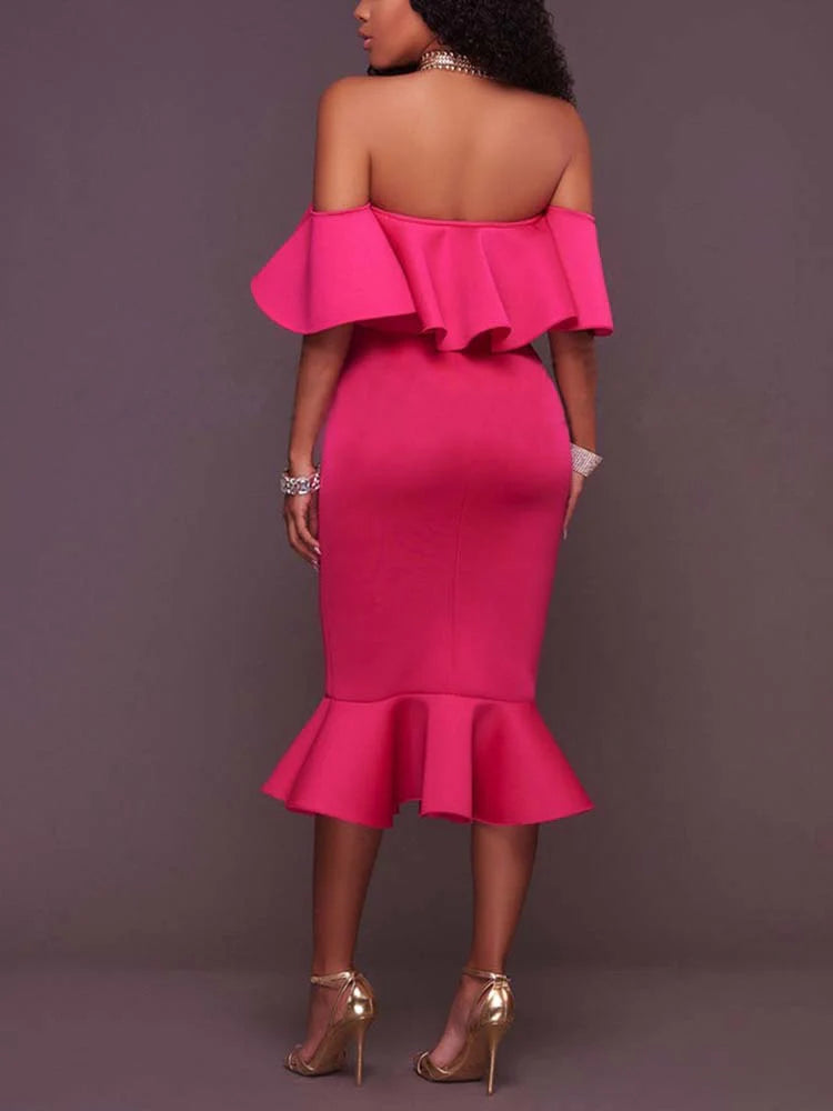 Off Shoulder Ruffle Bodycon Midi Dress