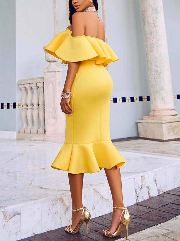 Off Shoulder Ruffle Bodycon Midi Dress