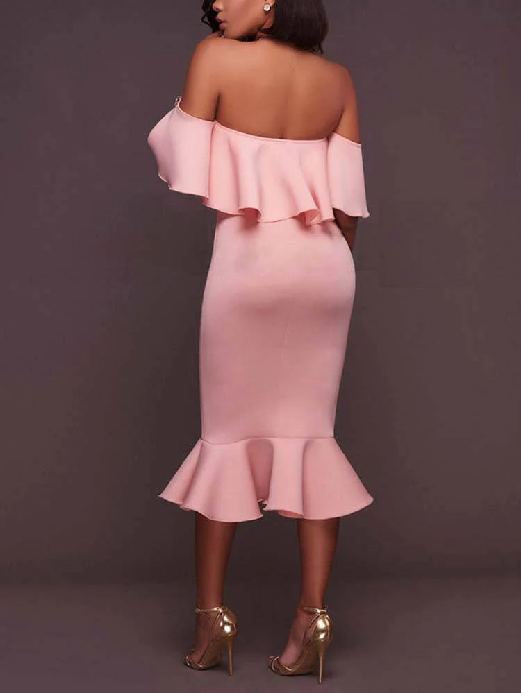 Off Shoulder Ruffle Bodycon Midi Dress