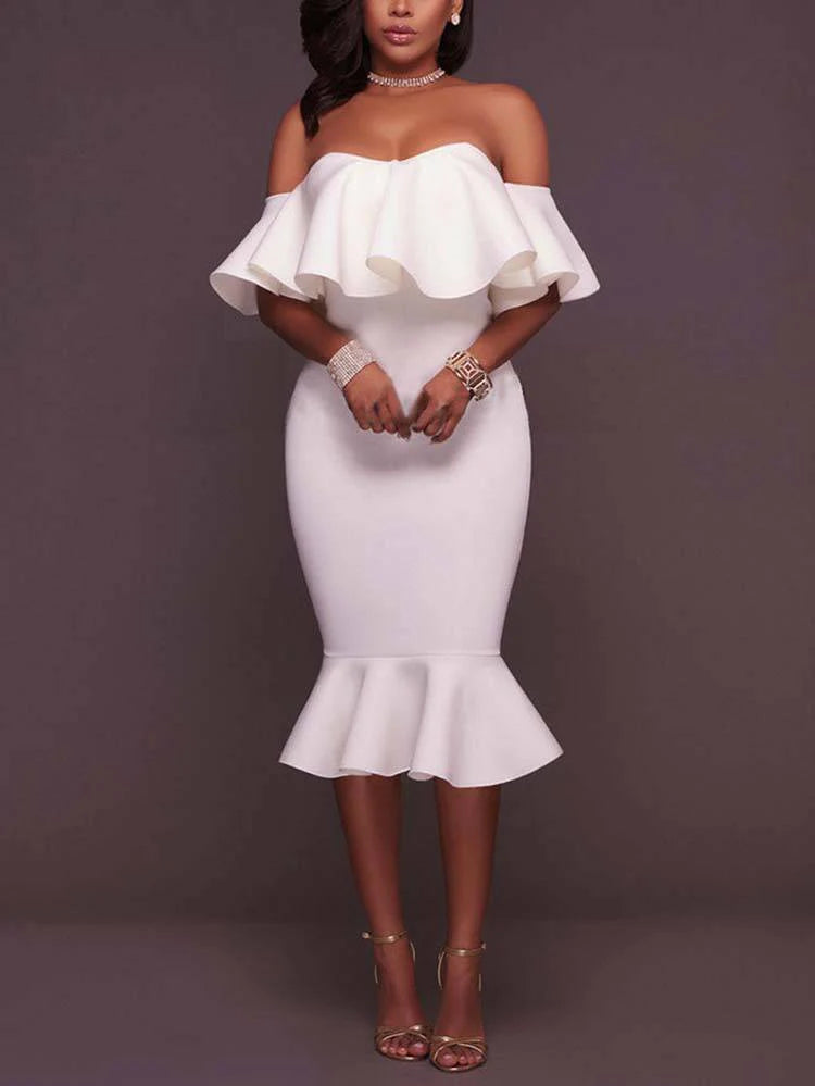 Off Shoulder Ruffle Bodycon Midi Dress
