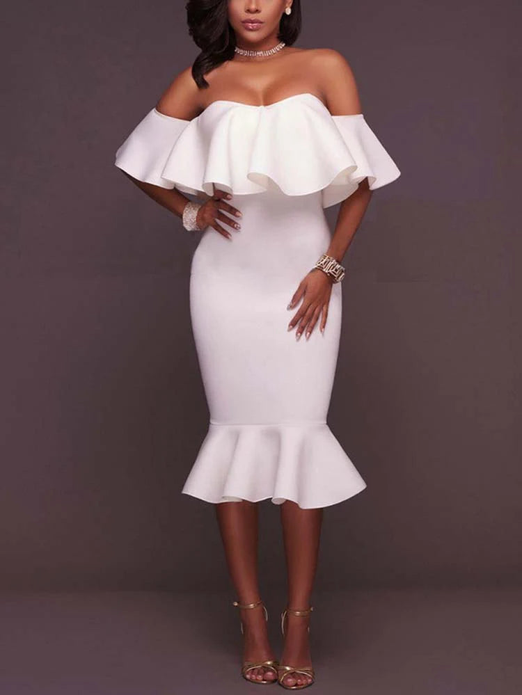 Off Shoulder Ruffle Bodycon Midi Dress