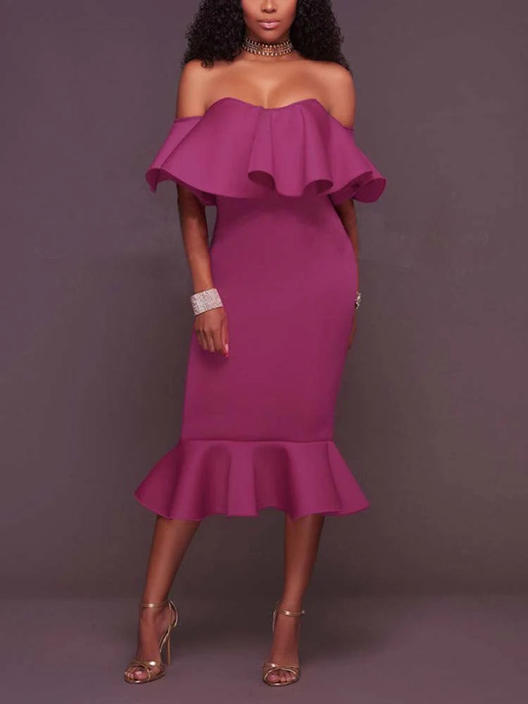 Off Shoulder Ruffle Bodycon Midi Dress