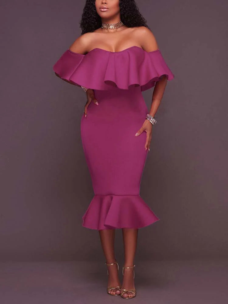 Off Shoulder Ruffle Bodycon Midi Dress