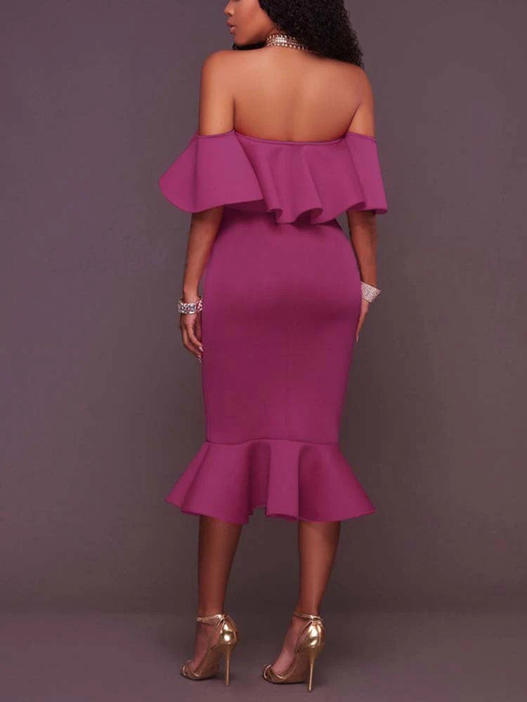 Off Shoulder Ruffle Bodycon Midi Dress