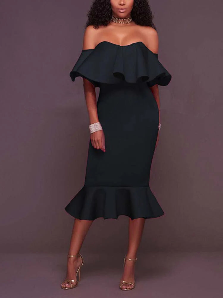 Off Shoulder Ruffle Bodycon Midi Dress