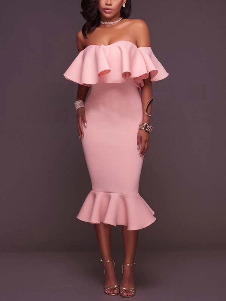 Off Shoulder Ruffle Bodycon Midi Dress