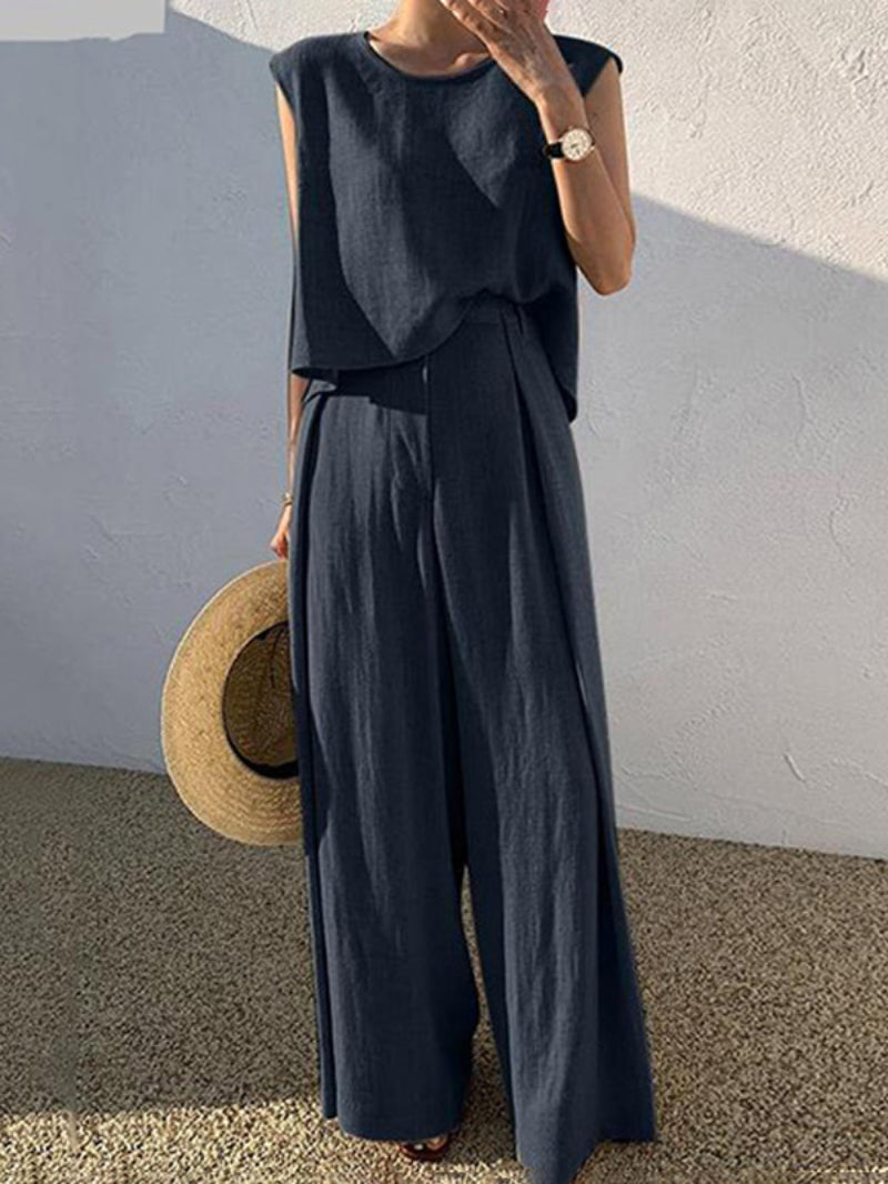 2 Pieces Solid Sleeveless Cotton Pants Set