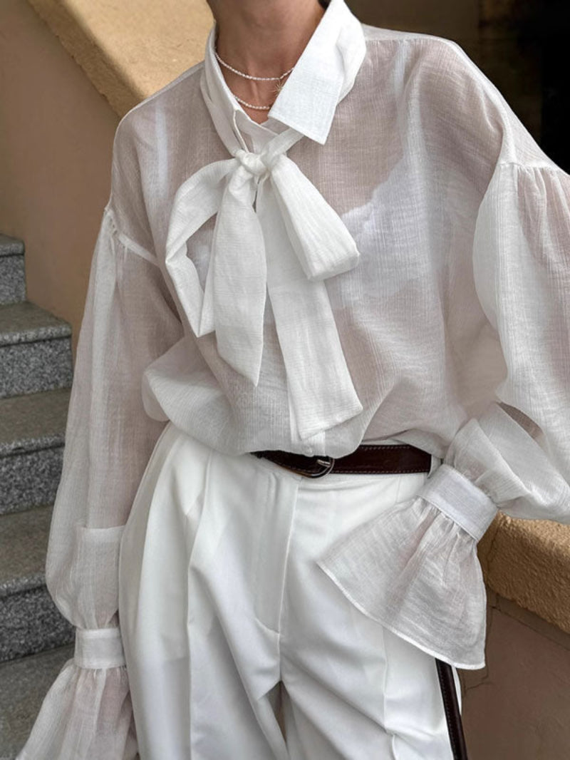 Bow Tie Collar Flared Long Sleeve White Shirt