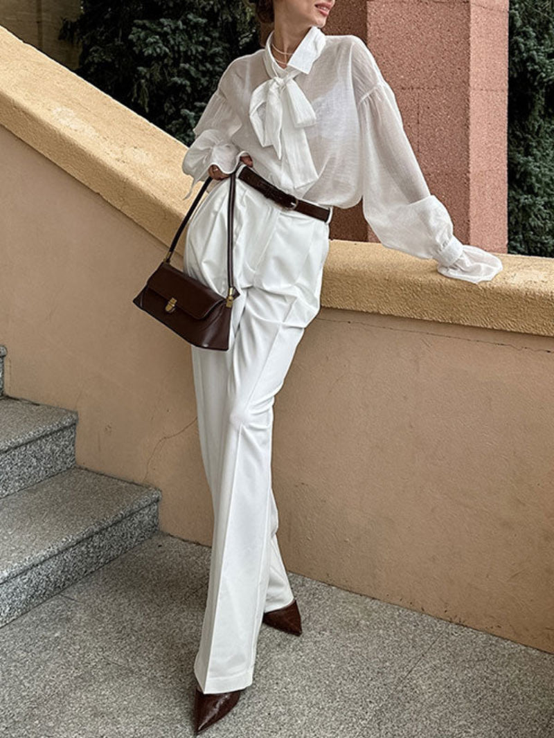 Bow Tie Collar Flared Long Sleeve White Shirt