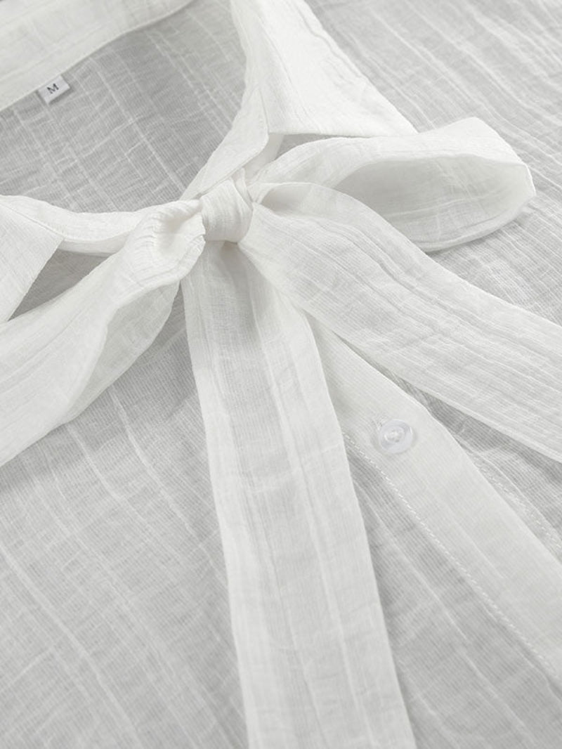 Bow Tie Collar Flared Long Sleeve White Shirt