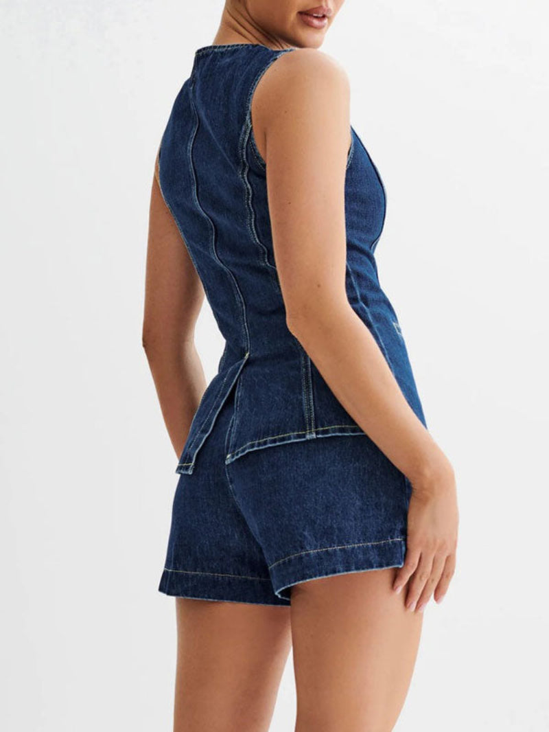 Denim Button Up Top Shorts Set