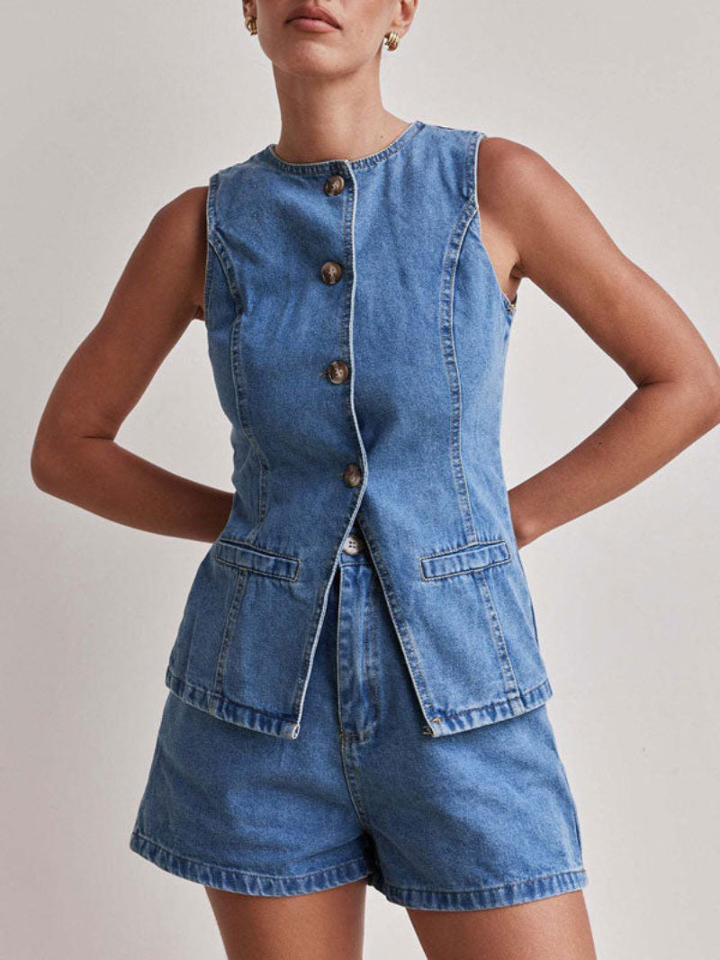 Denim Button Up Top Shorts Set