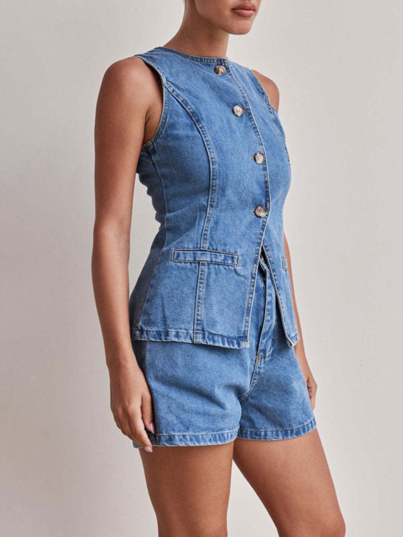 Denim Button Up Top Shorts Set