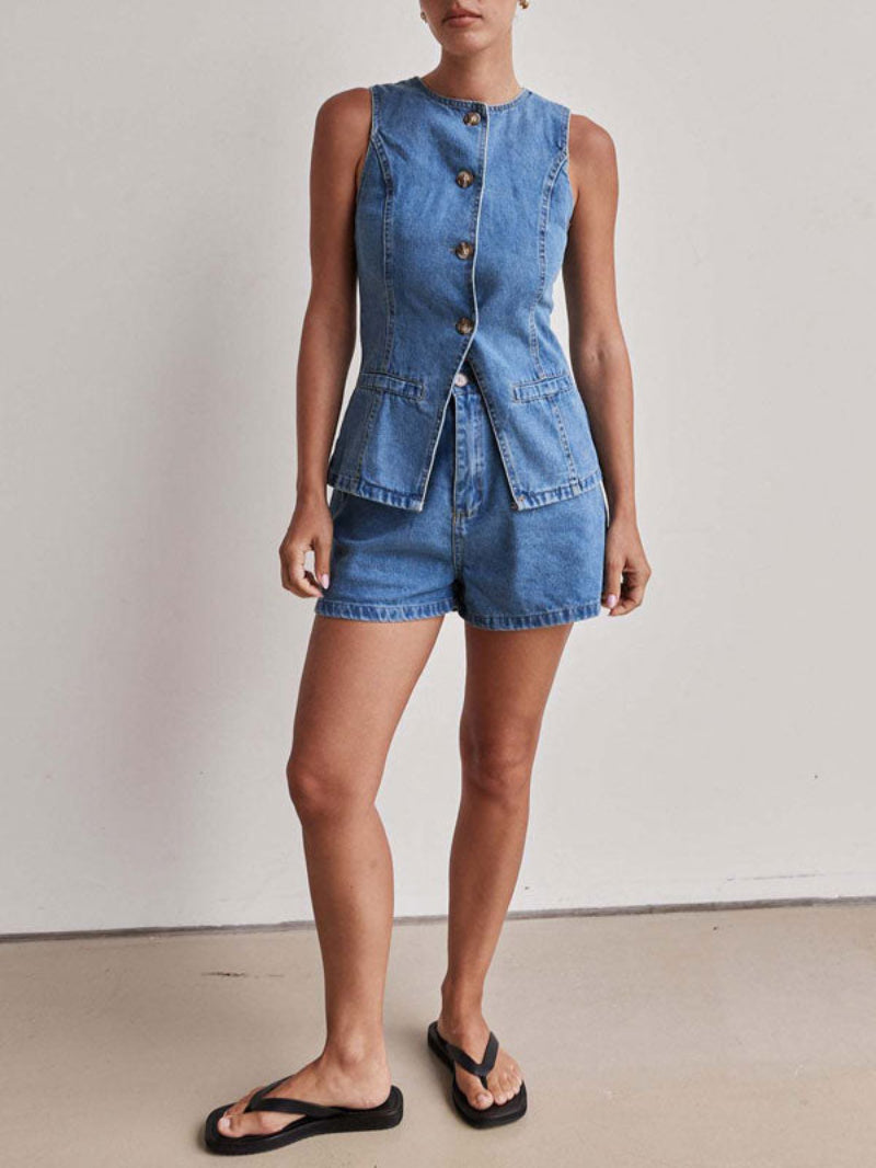 Denim Button Up Top Shorts Set