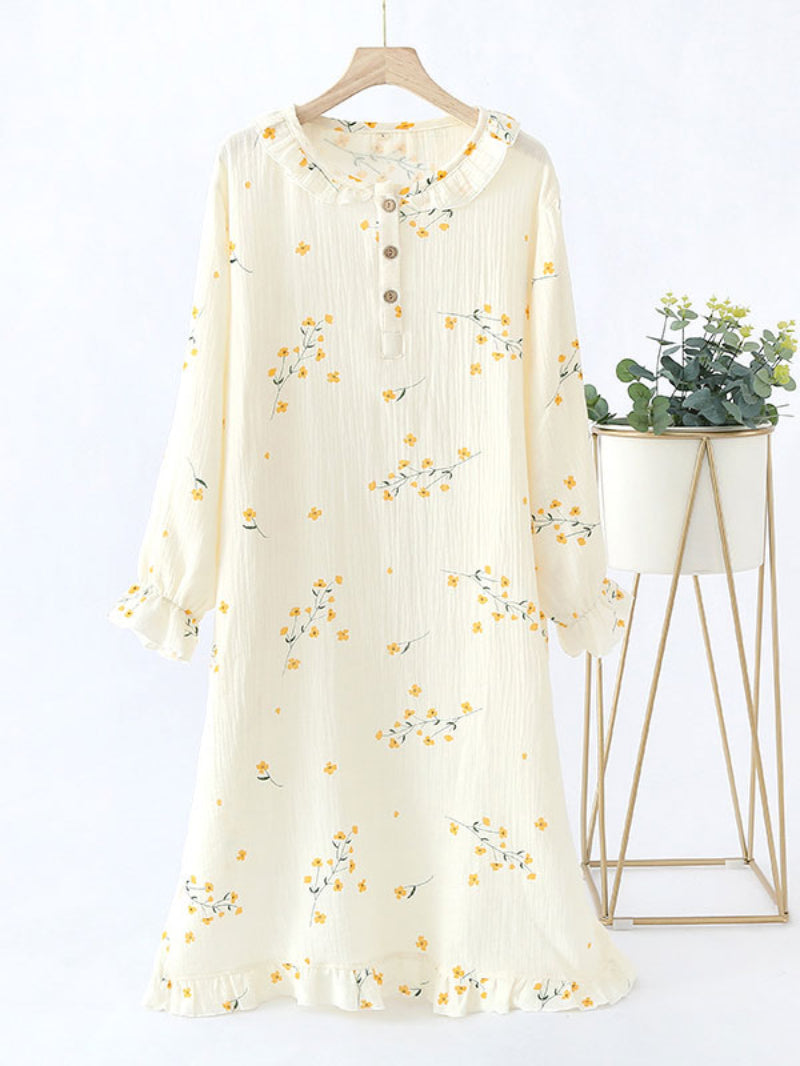 Floral Print Long Puff Sleeve Nightgown