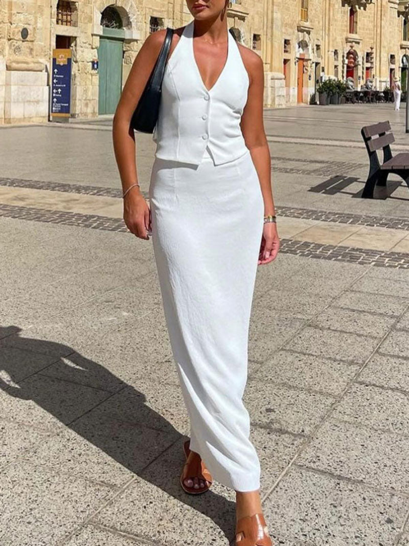 Halter Neck Solid Maxi Skirt Set