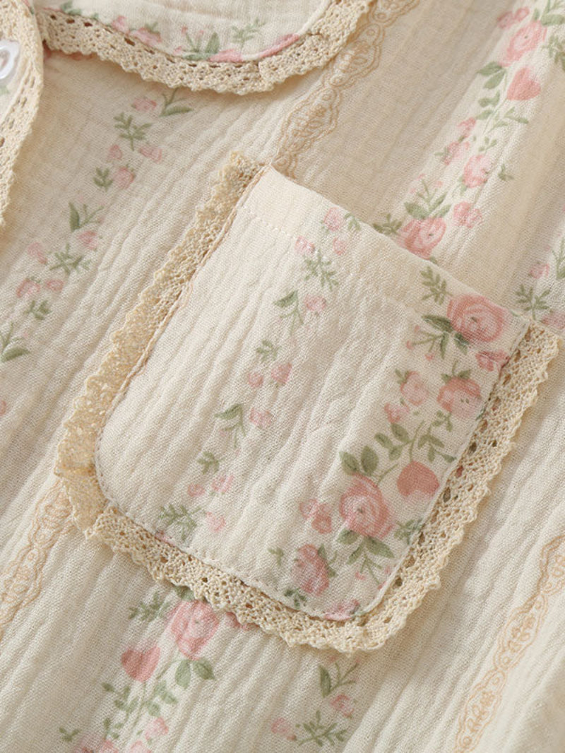 Lace Trim Floral Short Sleeve Pajamas