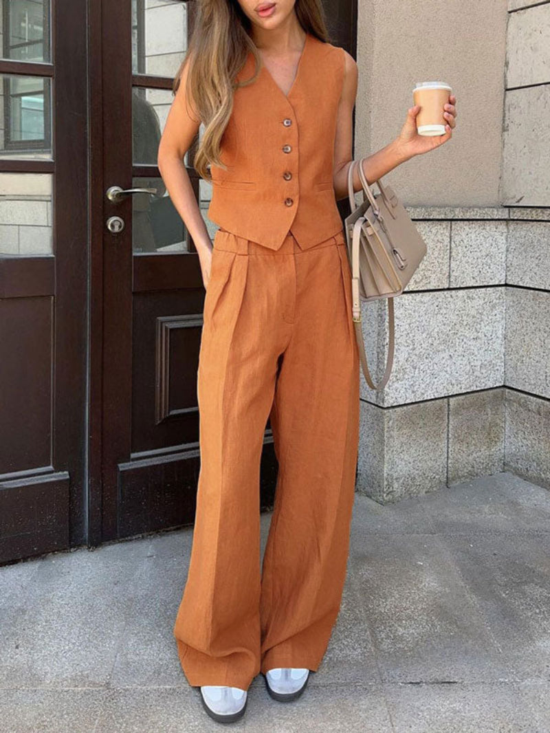 Linen Sleeveless Vest Long Pant Set