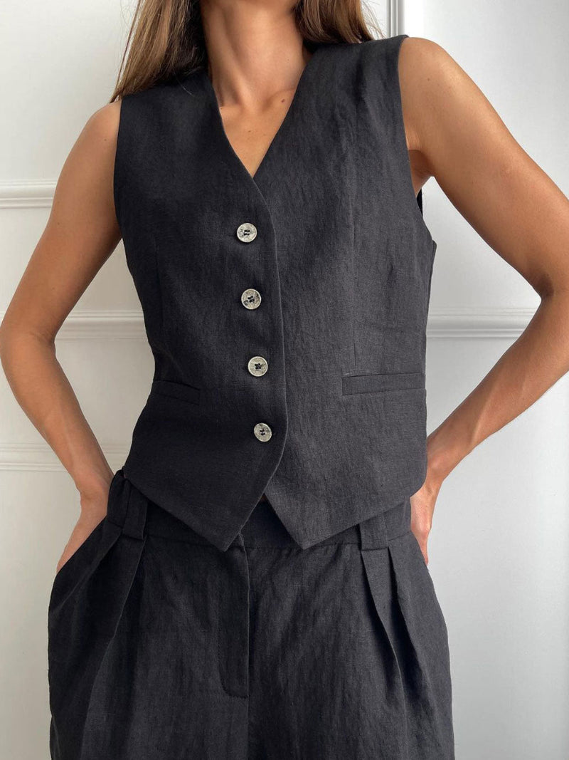 Linen Sleeveless Vest Long Pant Set