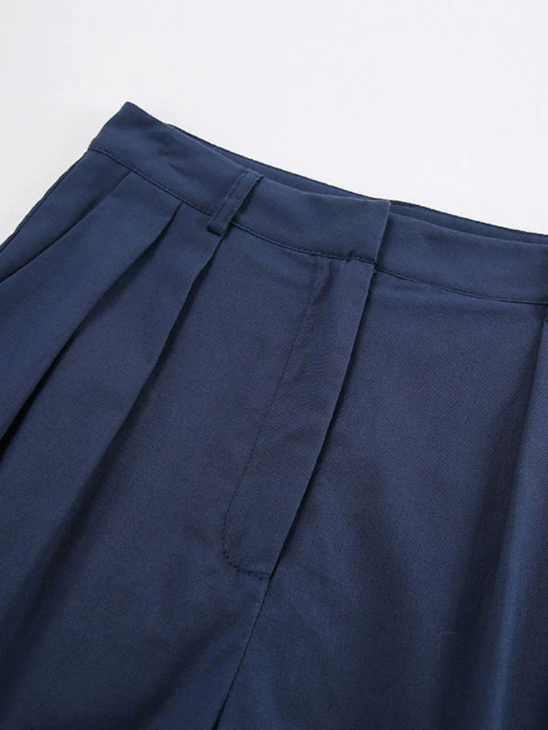 Navy Blue Casual Tailored Pockets Shorts Set