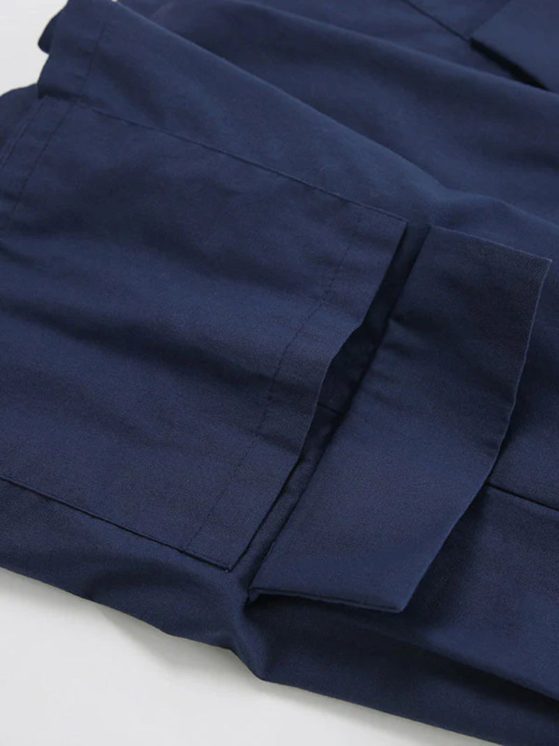 Navy Blue Casual Tailored Pockets Shorts Set