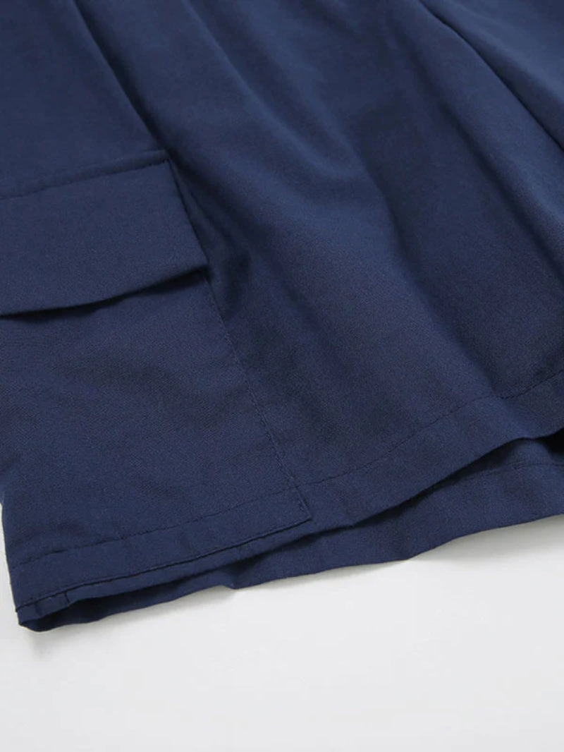Navy Blue Casual Tailored Pockets Shorts Set