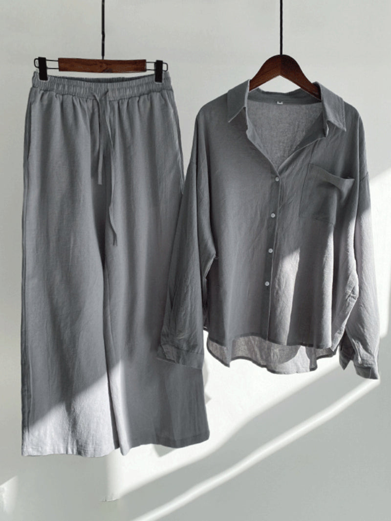 Plus Size Cotton Linen Shirt Long Pants Sets